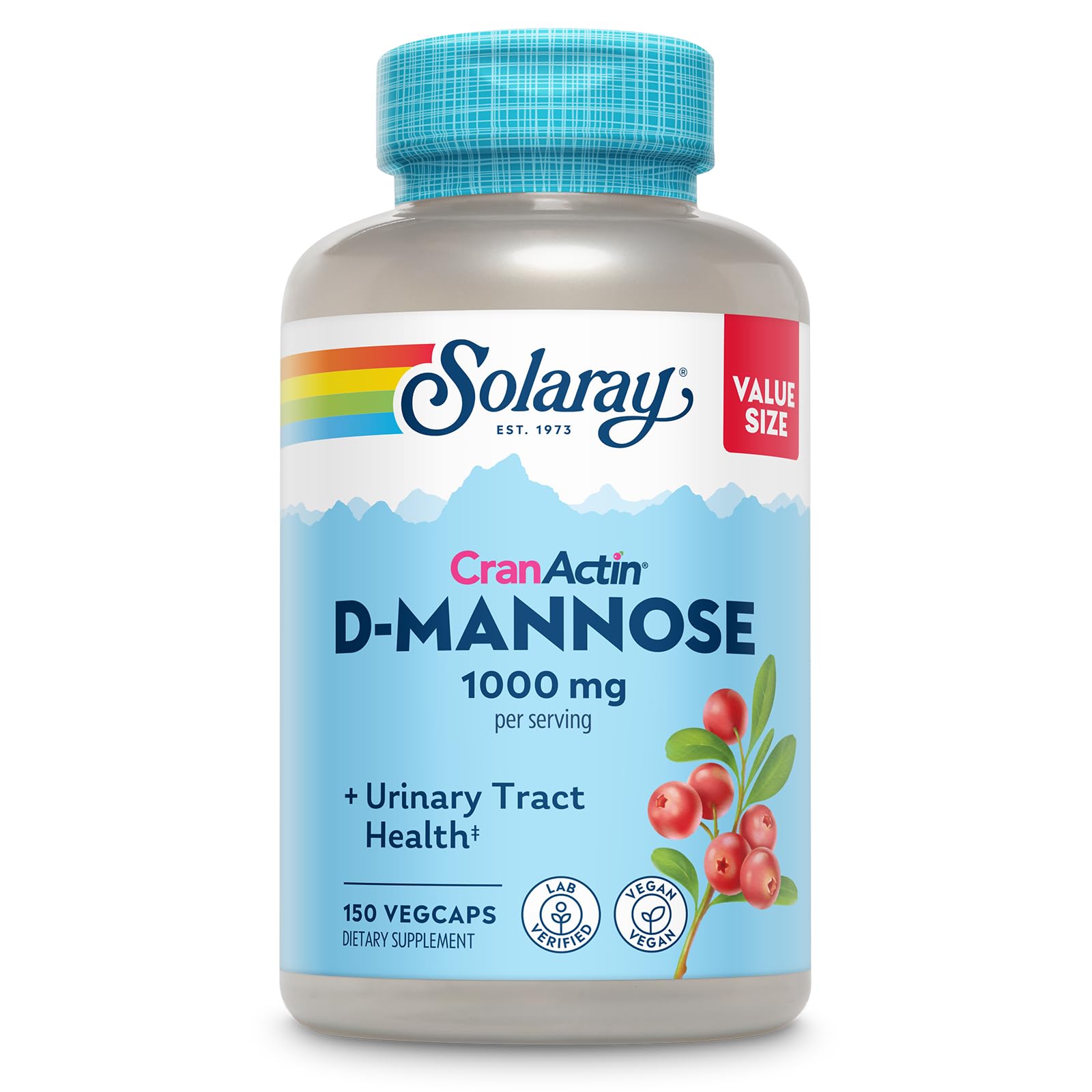 SOLARAY D-Mannose with CranActin Cranberry 400 mg Capsules, 150 Capsules