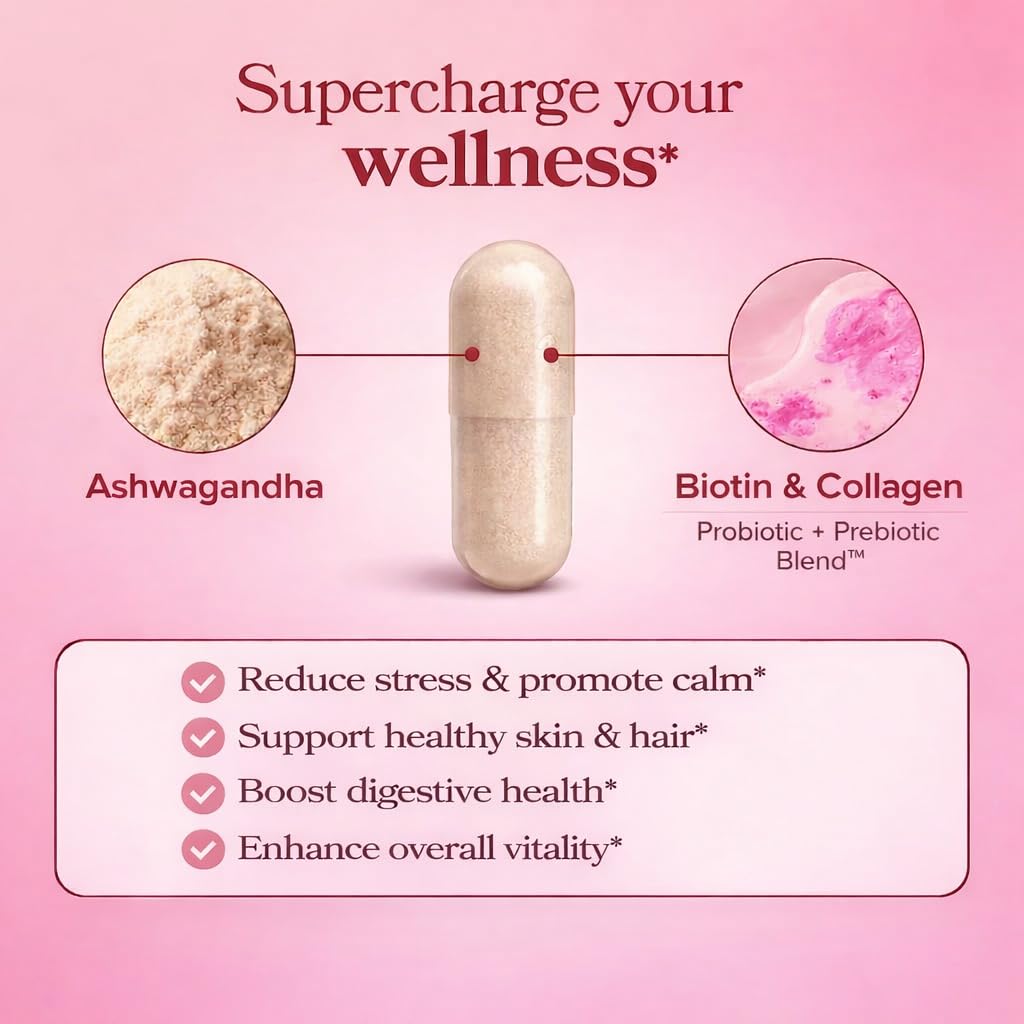 GlowTrue Ashwagandha for Women with Biotin & Collagen – 500mg Female-Optimized Stress & Hormone Support, Hair Skin & Nails – Non-GMO, Gluten-Free Capsules, 60 Count