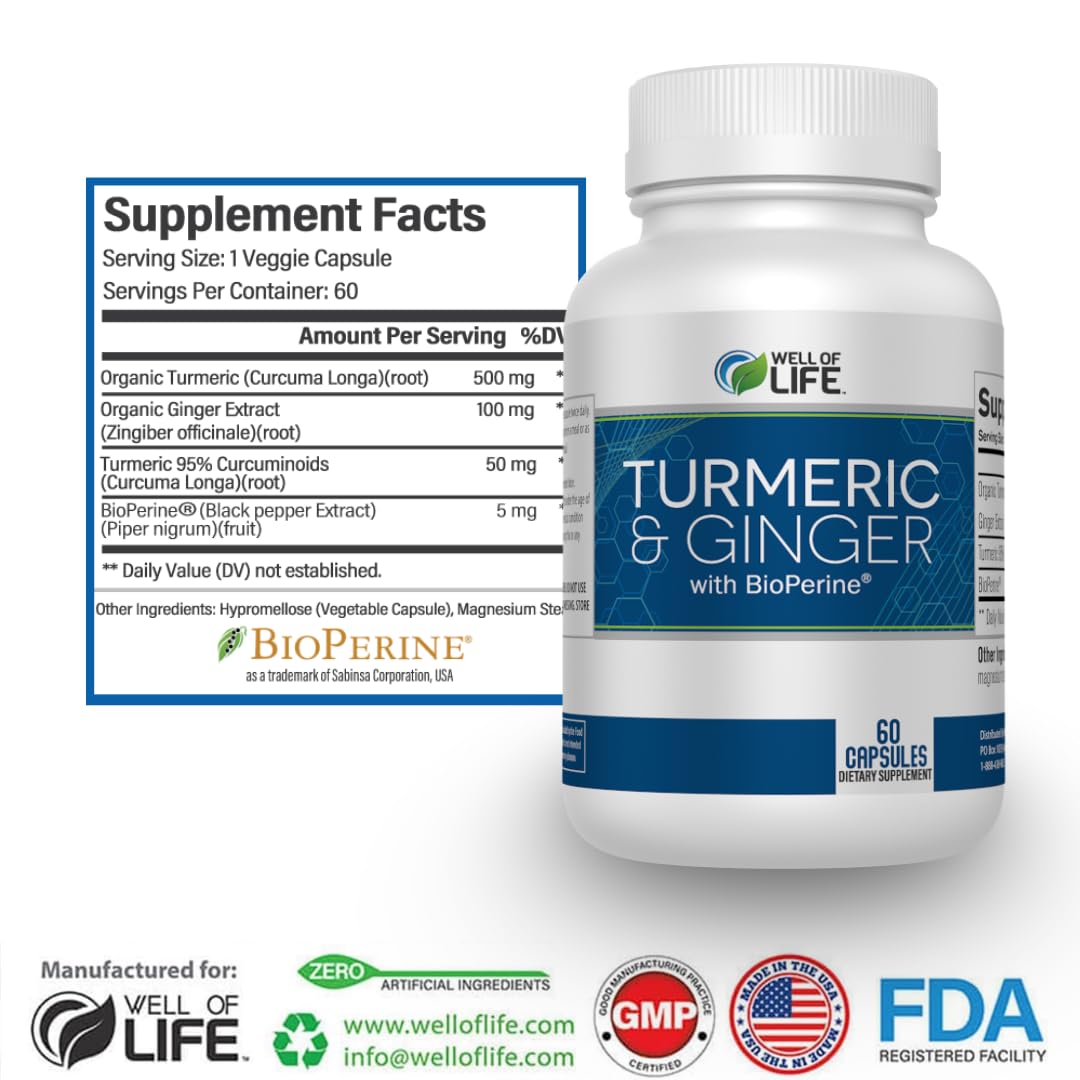 Well of Life Turmeric Curcumin with Ginger & BioPerine 655mg Joint Support Supplement, Enhanced Absorption, Immune & Digestive Health Capsules, 60 Count