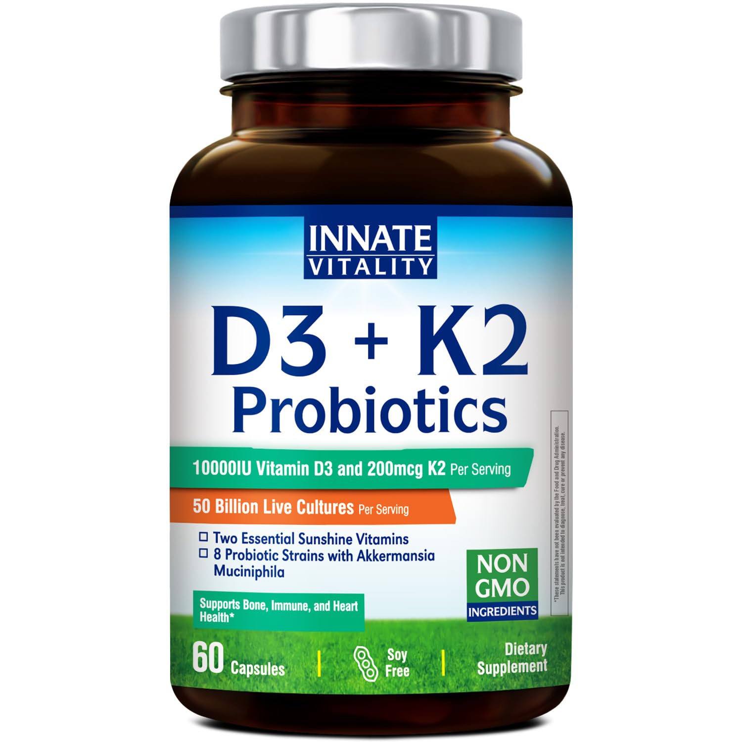 Innate Vitality D3 K2 Vitamin 10000IU + Probiotics, Akkermansia Muciniphila Capsule, 60 Count
