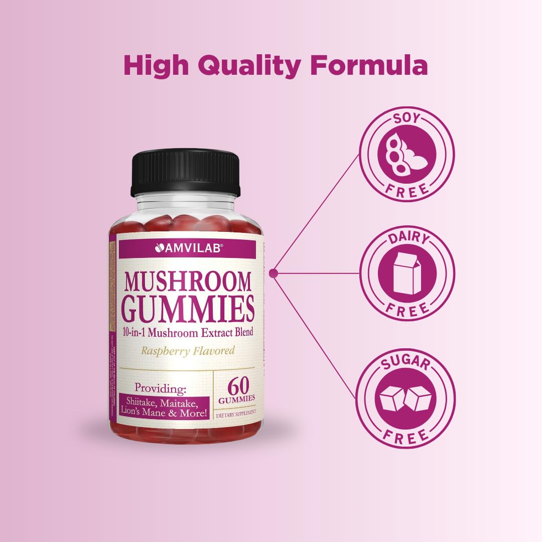 AMVILAB Mushroom Gummies Supplement – 10-in-1 Mushroom Extract Blend with Lion’s Mane, Shiitake, Maitake & Morel – Brain, Focus & Immune Support – Raspberry Flavor, 60 Gummies