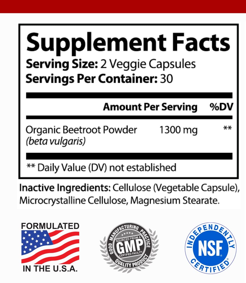 Hybrid Nutraceuticals Organic Beet Root Capsules 1300mg, 60 Capsules