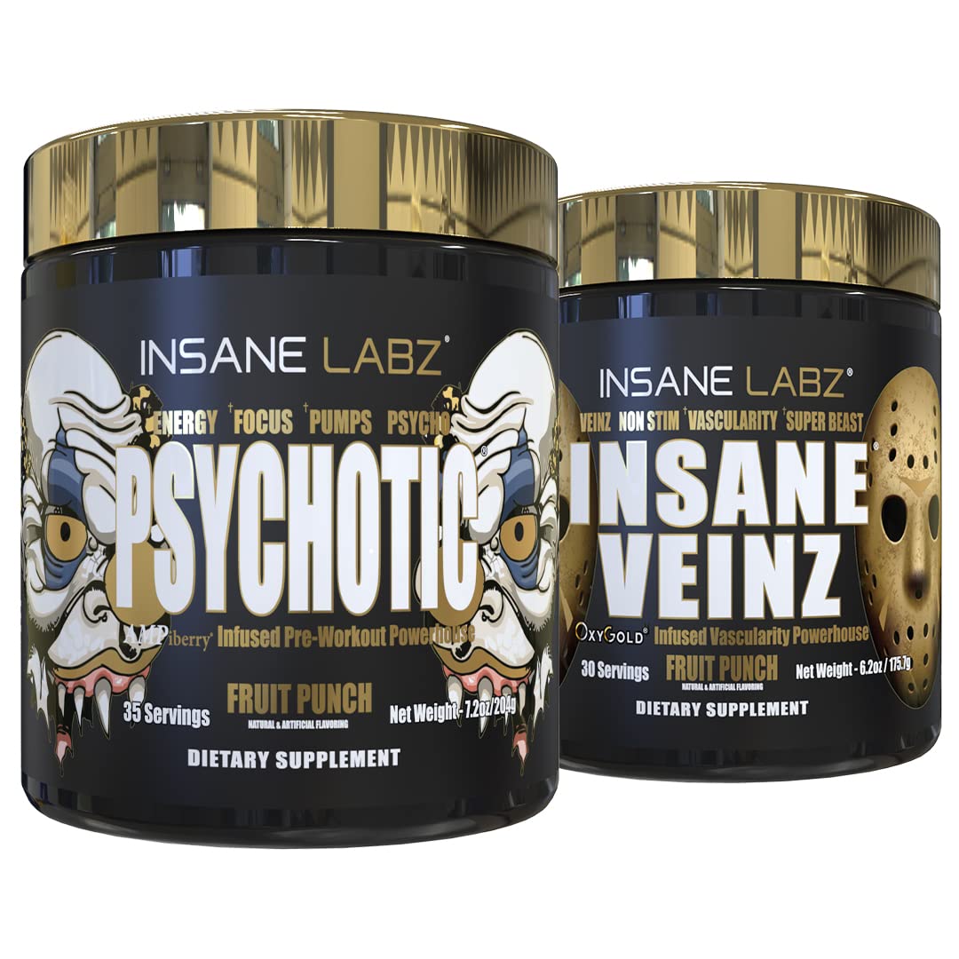 Insane Labz Psychotic Gold and Insane Veinz Gold Pre Workout Nitric Oxide Booster Stack Powder 13.1 Ounce