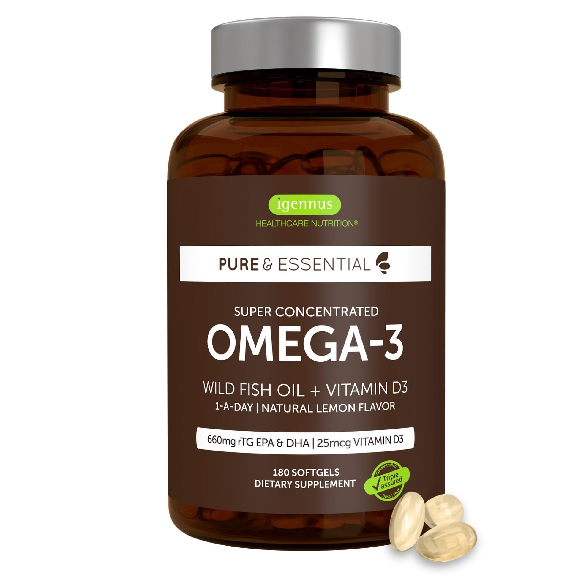 Igennus Healthcare Nutrition Ultra Pure Omega-3 rTG, IFOS Certified Wild Fish Oil & Vitamin D3 Softgels 180