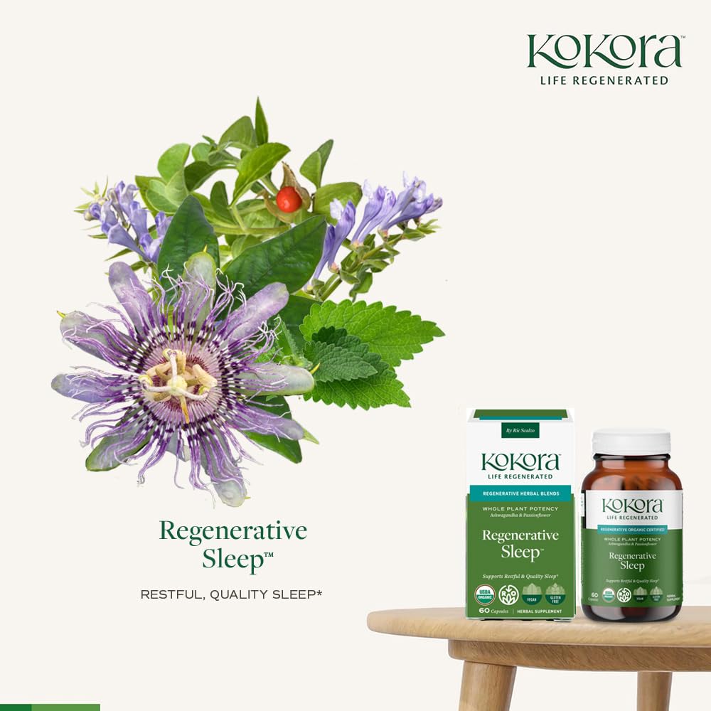 kokora Regenerative Sleep - Regenerative Organic Certified - Supports Restful, Quality Sleep, Relaxation* - Adaptogen Blend w/Lemon Balm & Passionflower - Vegan & Non-GMO, 60 Capsules