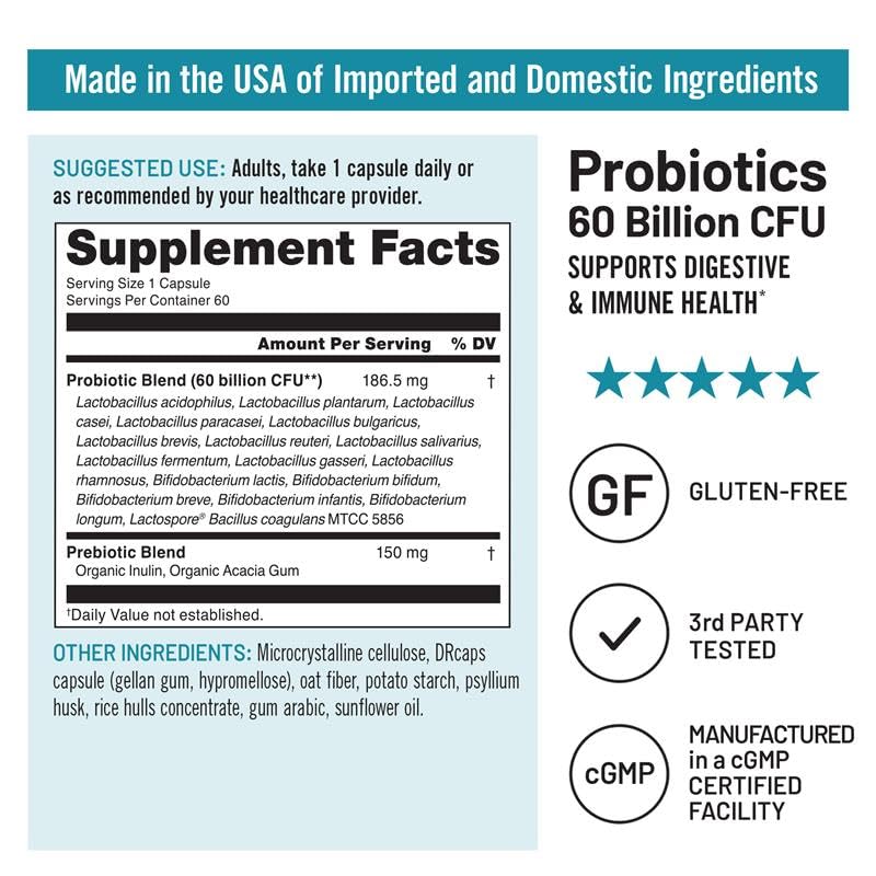 NatureWise Probiotics 60 Billion CFU - 17 Strains + Organic Prebiotics - Immune, Digestive & Gut Health Support for Women & Men - Vegetarian, Gluten-Free, Non-GMO - 60 Capsules