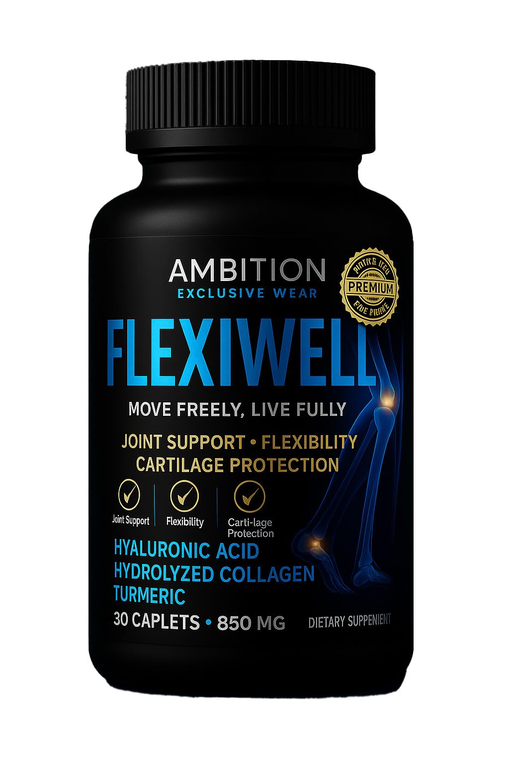 Ambition Exclusive Wear Flexiwell Joint Support Supplement with Hyaluronic Acid, Collagen, Turmeric Capsules, 30 Capsules