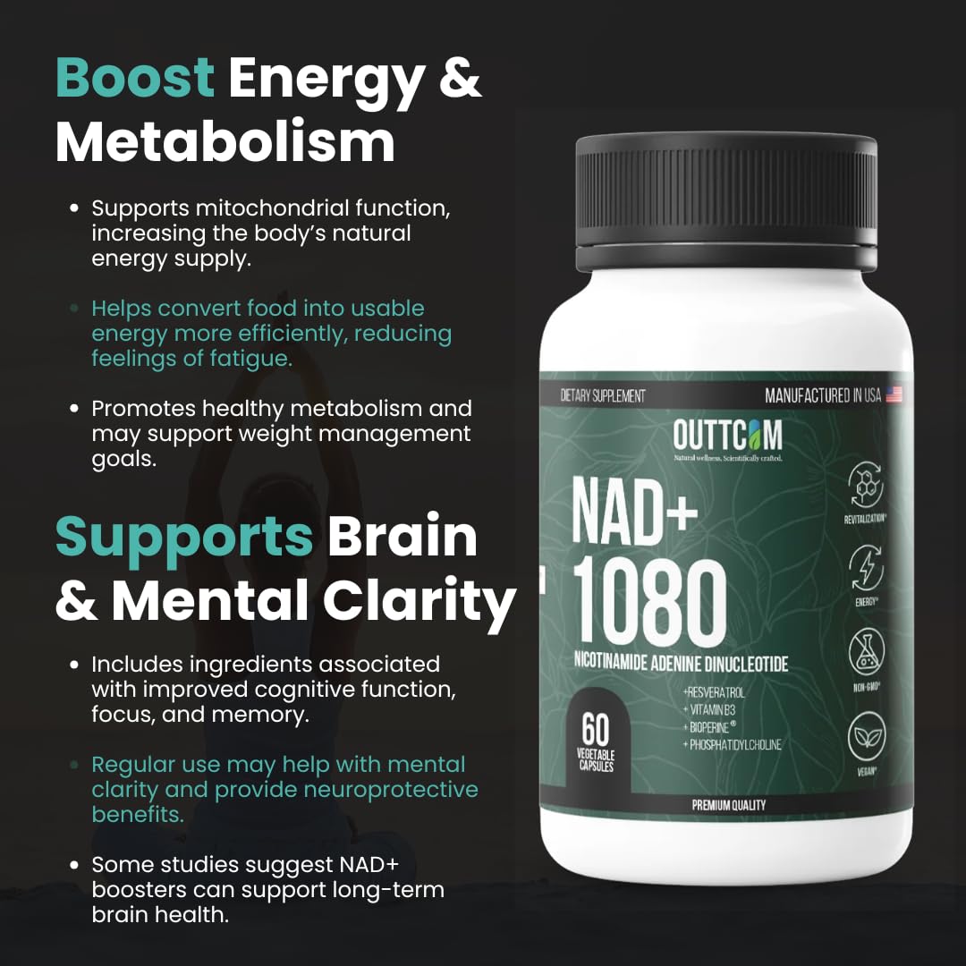 Outtcom NAD+ Supplement with Resveratrol, B12, Phosphatidylcholine & Bioperine, 180 Capsules