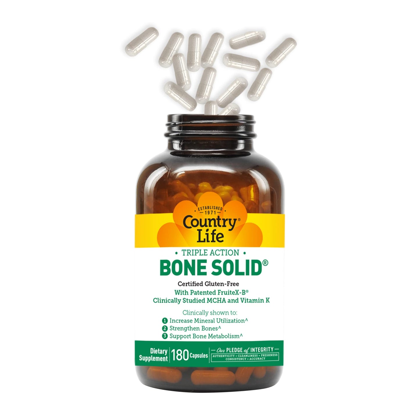 Country Life Bone Solid Bone Health Supplement with Microcrystalline Hydroxyapatite (MCHA), Calcium, Magnesium, Zinc, Vitamins K2 & D3 Capsules 180