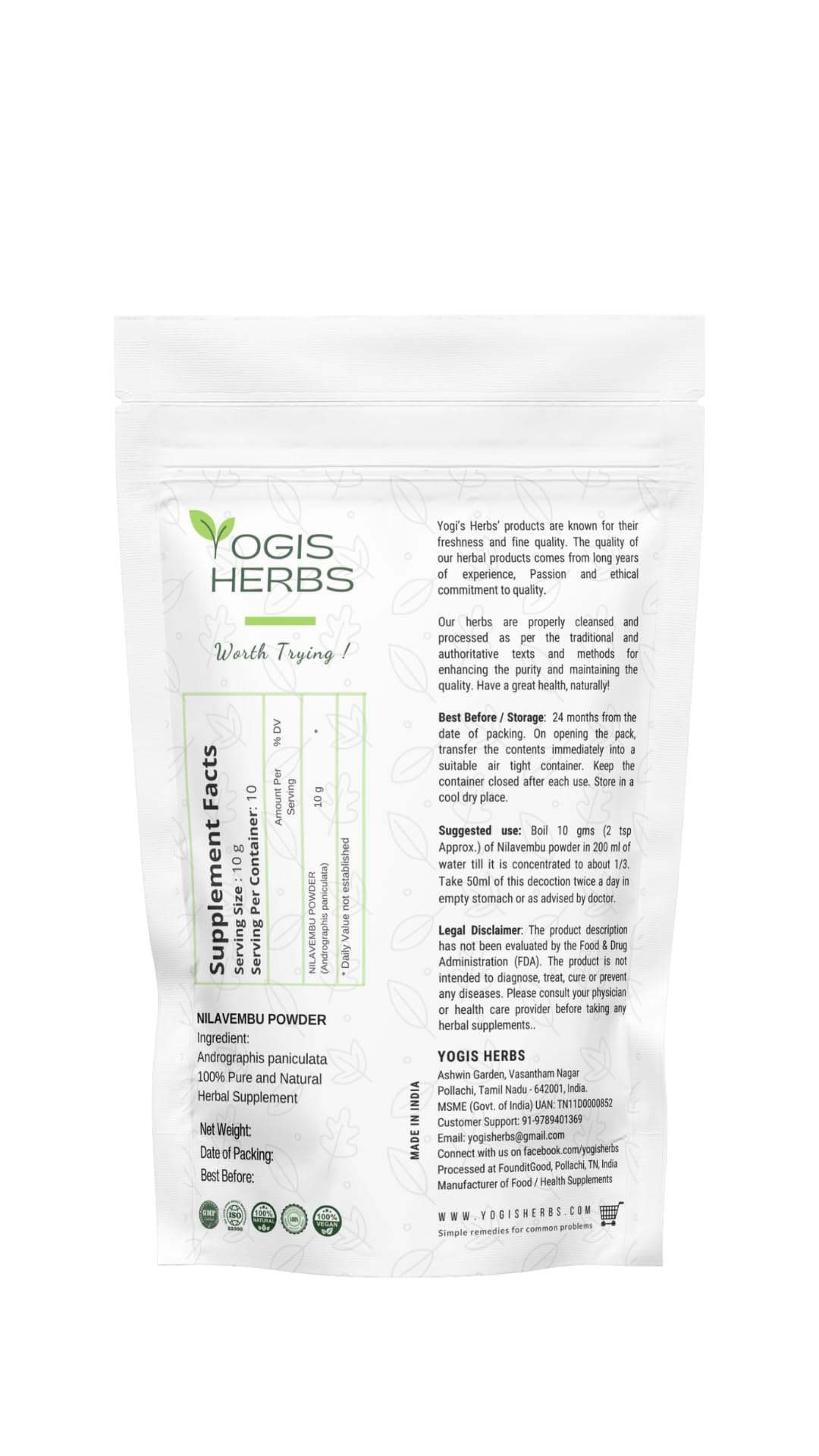 YOGIS HERBS Nilavembu Powder 16 Ounces