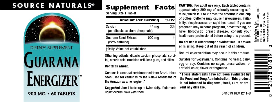 Source Naturals Guarana Energizer, 60 Tablets
