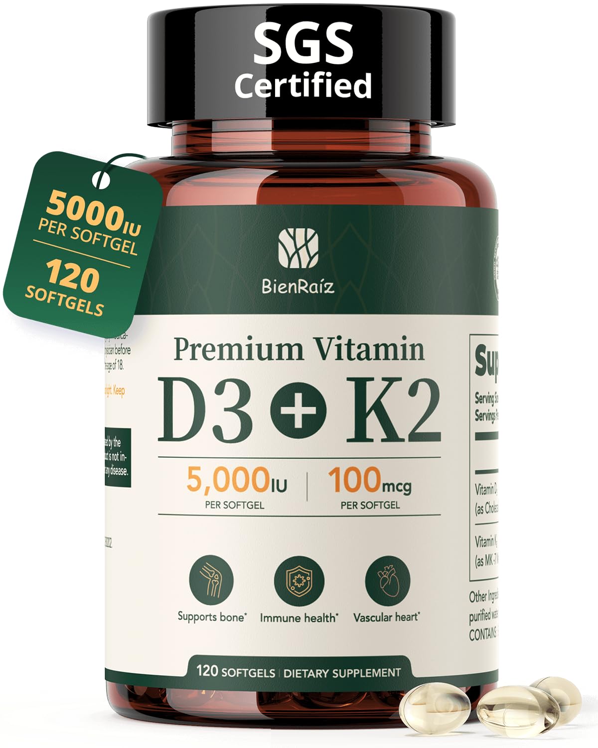 BienRaíz Vitamin D3 K2 5000IU 100mcg MK-7 Softgels, 120 Count