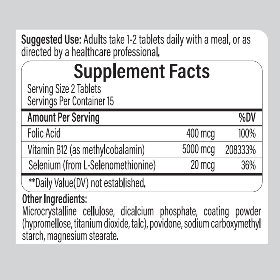 EGUOO Neuro Nutrients Plus – Vitamin B12 (Methylcobalamin) 5000mcg, Folate & Selenium – Dietary Supplement for Nervous System & Auditory Wellness, 30 Tablets