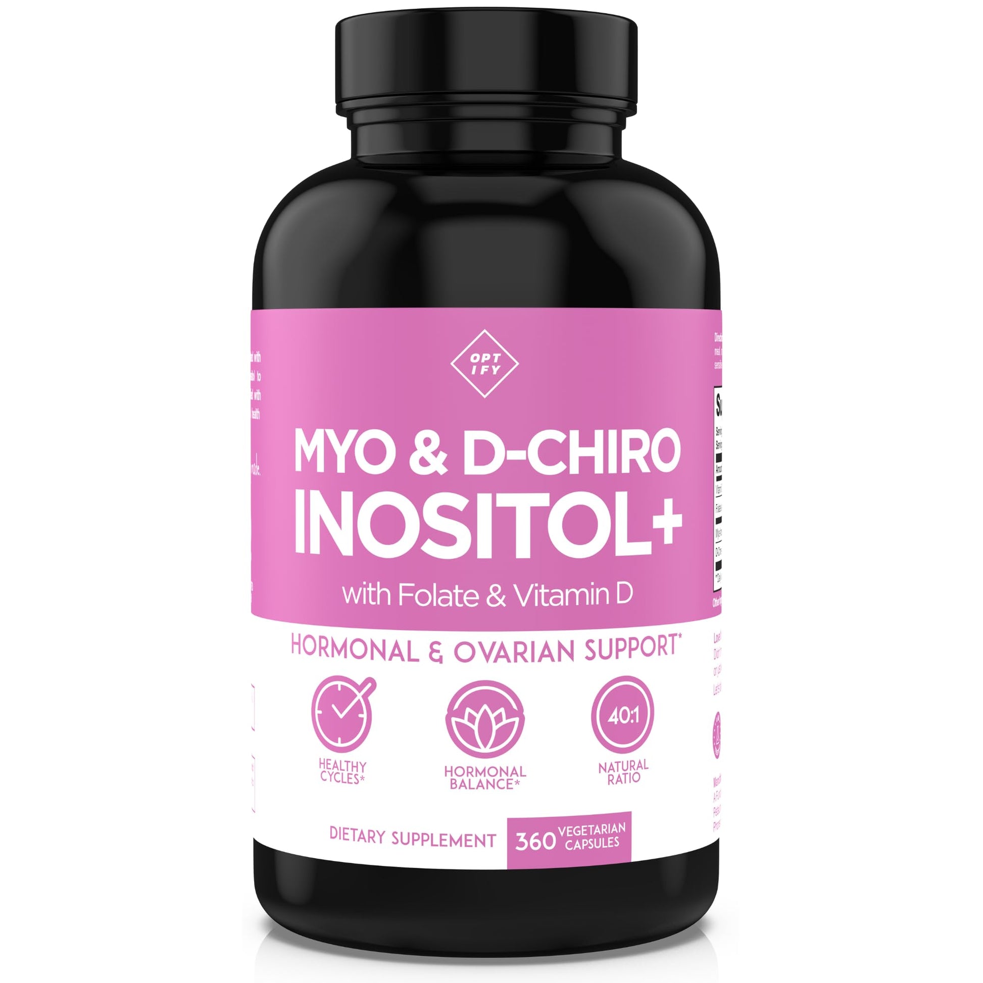 Optify Myo-Inositol & D-Chiro Inositol Supplement for Women 40:1 Ratio Plus Folate and Vitamin D Capsule, 360 Capsules