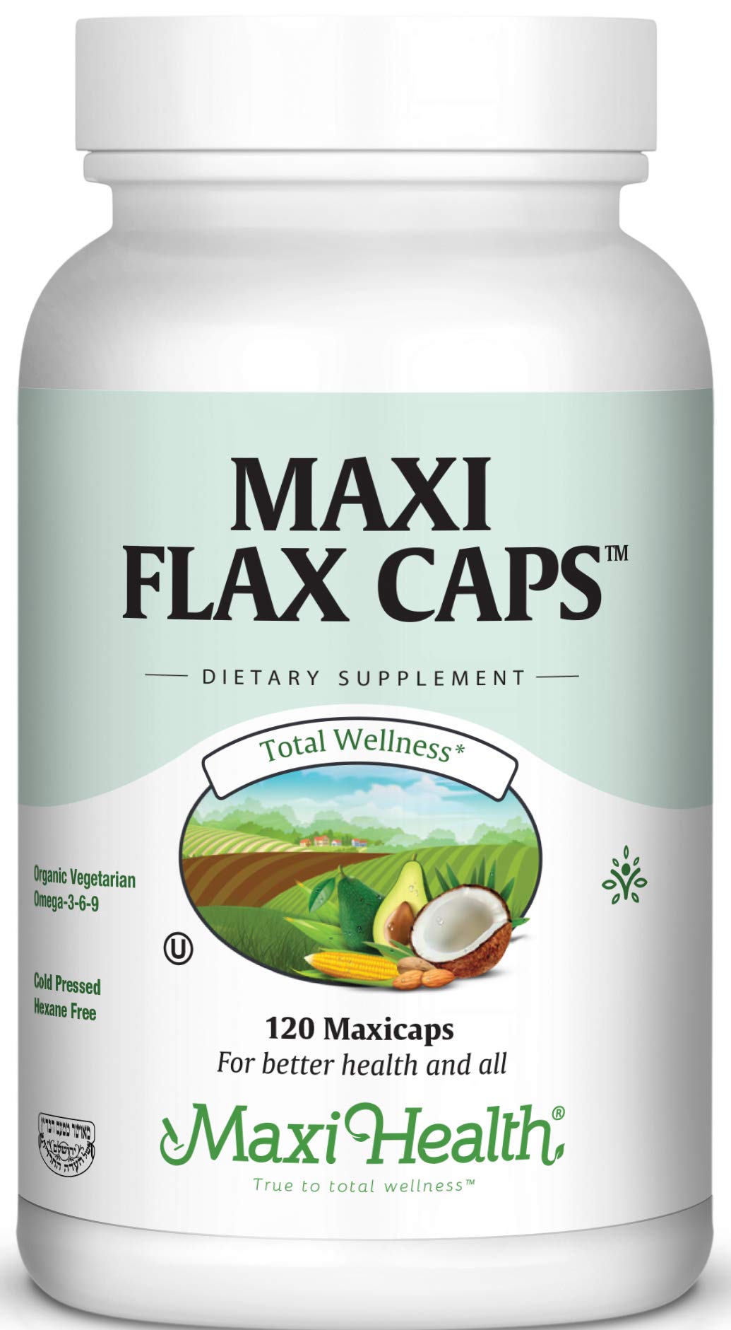 Maxi Health Flax Caps Organic Flaxseed Oil, Omega 3, 6, 9, Cold Press, Hexane Free, 700 mg, Kosher, Capsule, 120 Count