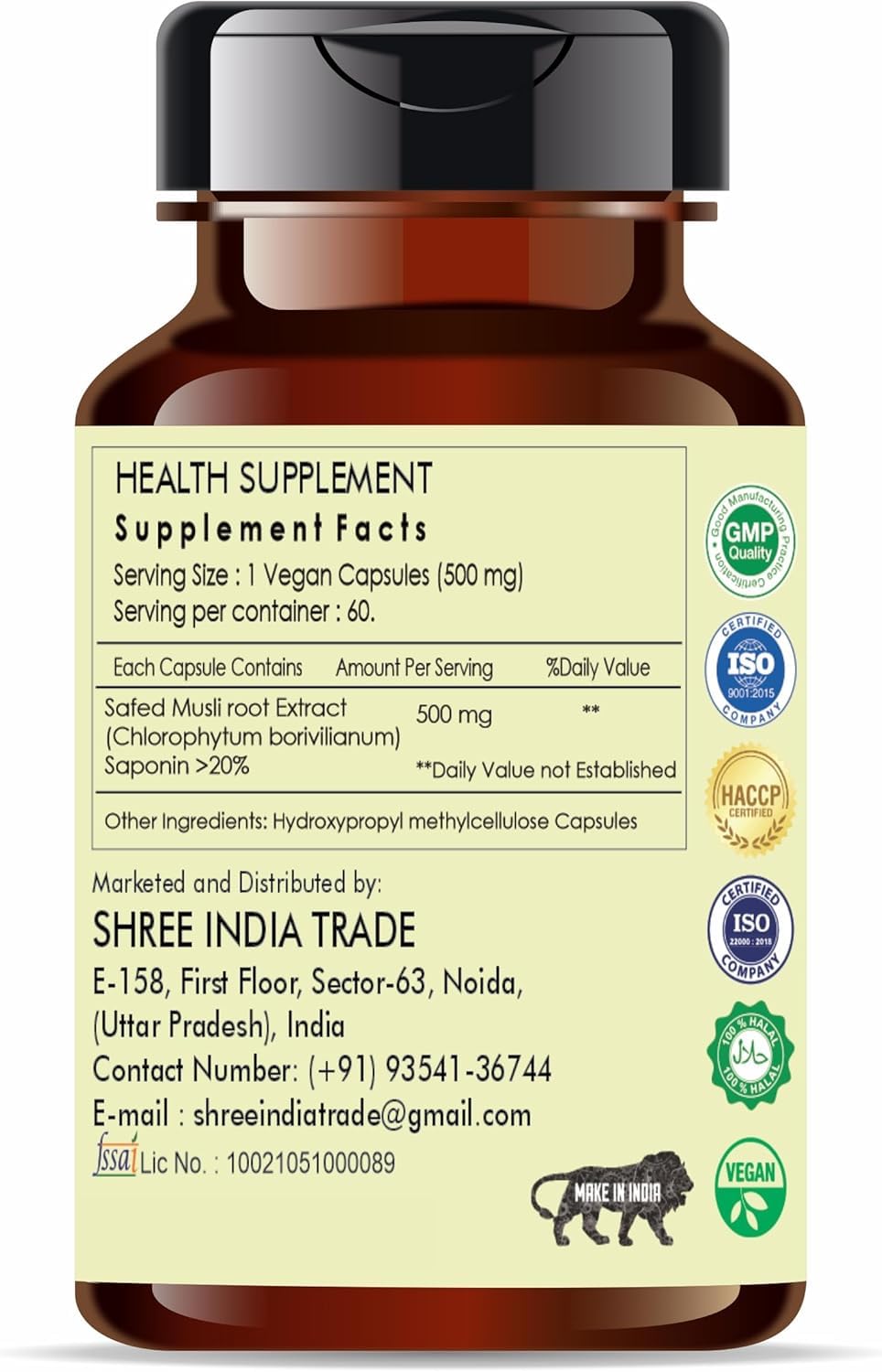 AYURVEDASHREE Safed Musli Extract 500mg Capsule, 60 Capsules