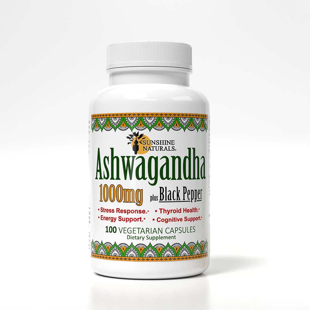 Sunshine Naturals Ashwagandha & Black Pepper Dietary Supplement 1000mg Capsules, 100 Count