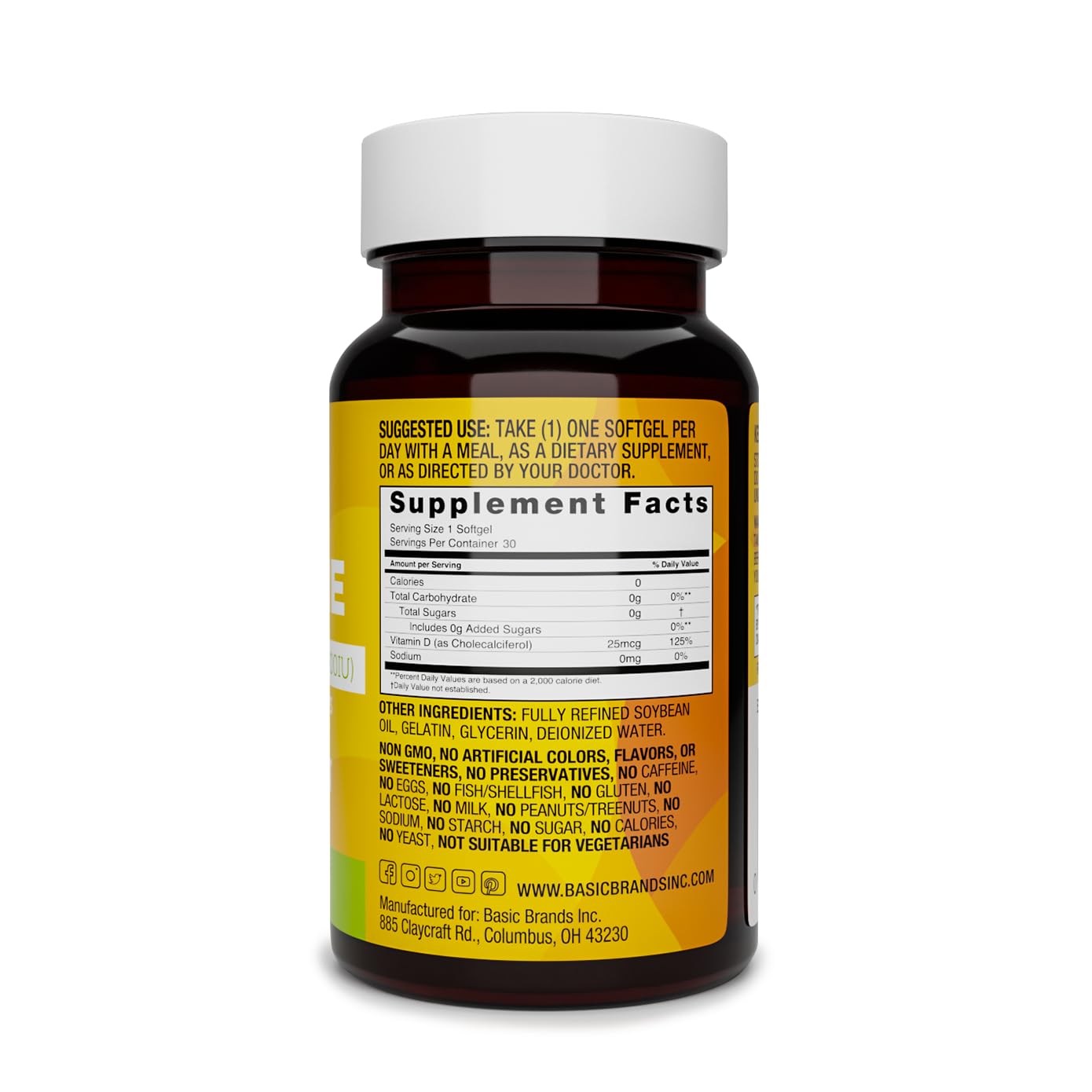 Basic Brands Happy Sunshine Vitamin D3 Softgels 2000IU Daily Vitamin D Supplements, 30 Softgels