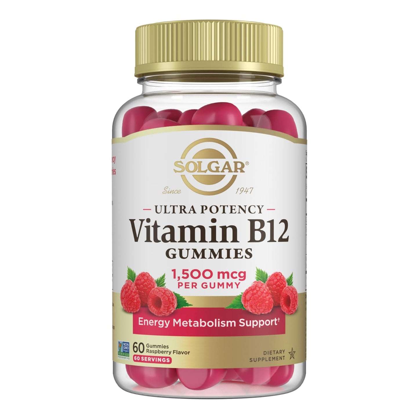 Solgar Methyl B12 Gummies 1,500mcg Ultra Potency Vitamin for Energy & Metabolism Support, Raspberry Flavor, Vegan & Gluten-Free, 60 Gummies