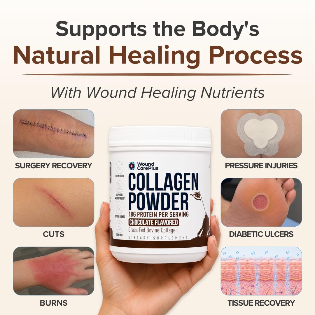 WOUND CAREPLUS Wound Collagen Powder for Wound Healing Support & Post-Surgery Recovery Chocolate 19.7534