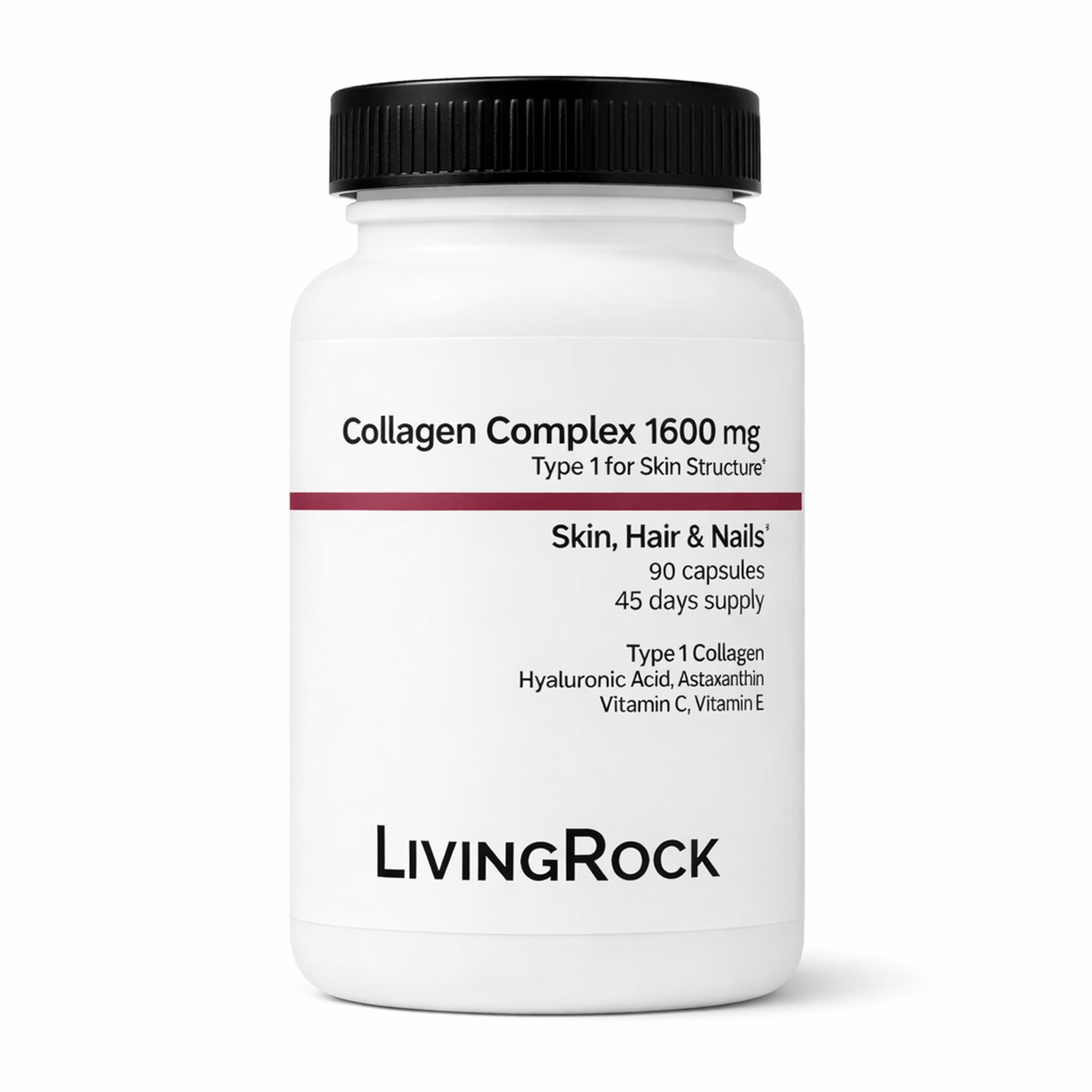 LivingRock Marine Beauty Collagen Complex for Skin, Hair & Nails with Type 1 Marine Collagen, Hyaluronic Acid, Astaxanthin, Vitamins C & E, 90 Capsules