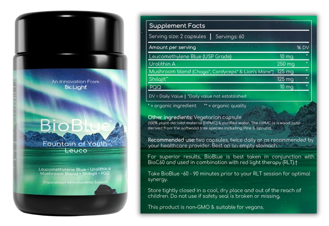 BIOLIGHT BioBlue Fountain of Youth Leuco – Leucomethylene Blue + Urolithin A + Mushroom Blend + Shilajit + PQQ | Lion's Mane, Cordyceps & Chaga | Mitochondrial Support, Cognitive & Cellular Energy, Longevity, 120 Capsules