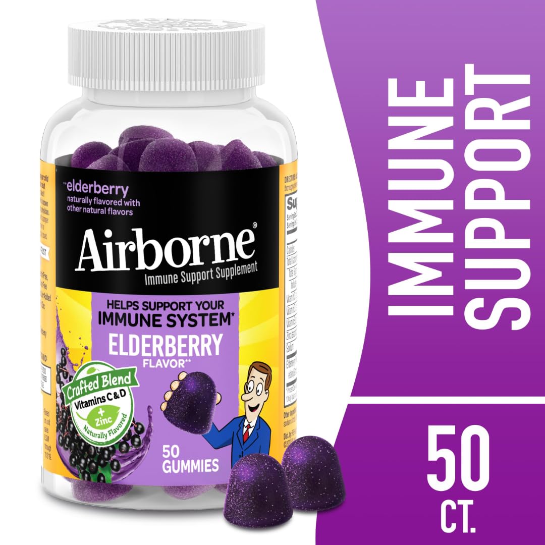 Airborne Elderberry + Zinc & Vitamin C Gummies For Adults, Immune Support Vitamin D & Zinc Gummies With Powerful Antioxidant Vitamins C D & E - 50 Gummies, Elderberry Flavor