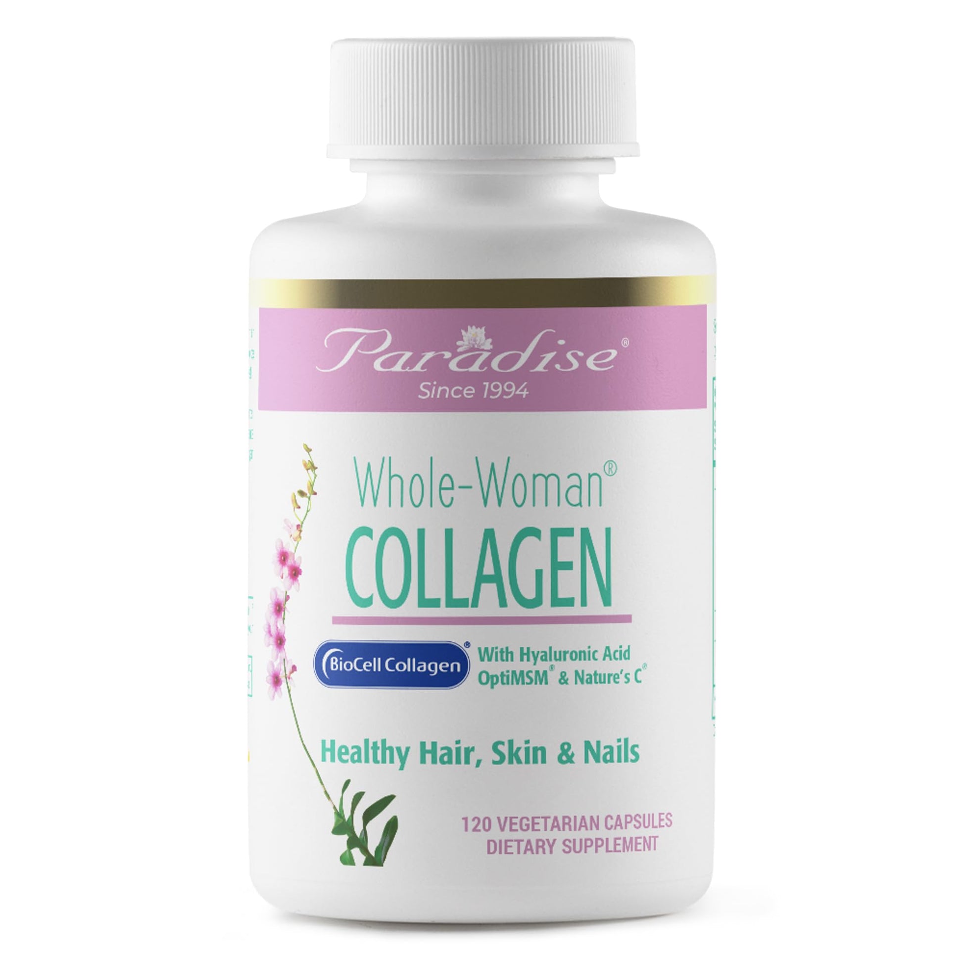 Paradise Herbs Whole-Woman Collagen, with Biocell Collagen, Hyaluronic Acid, and Nature's C, for Healthy Hair, Skin, and Joints, Capsules, 120