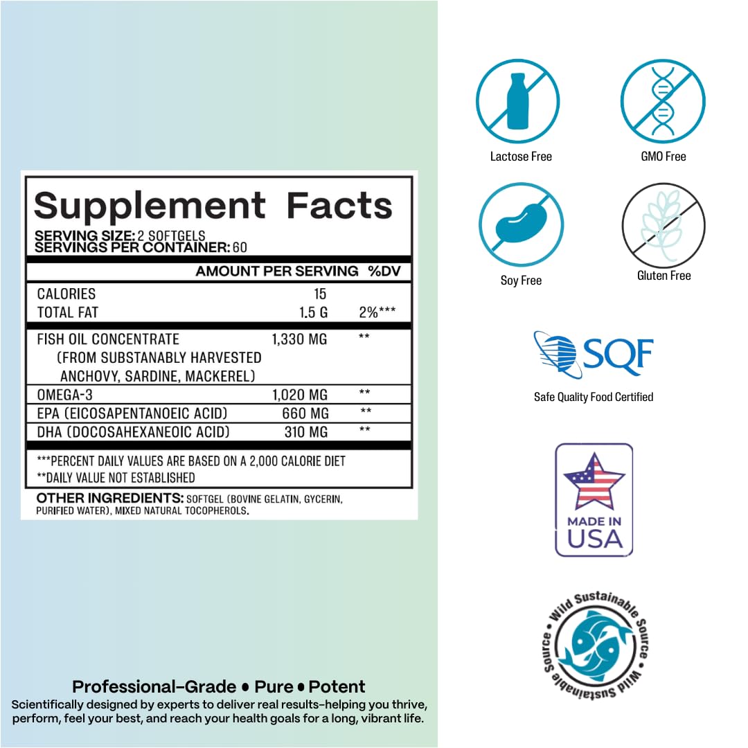 Azure Biogenics Omega-3 Fish Oil Capsule High Potency EPA/DHA 120 Count