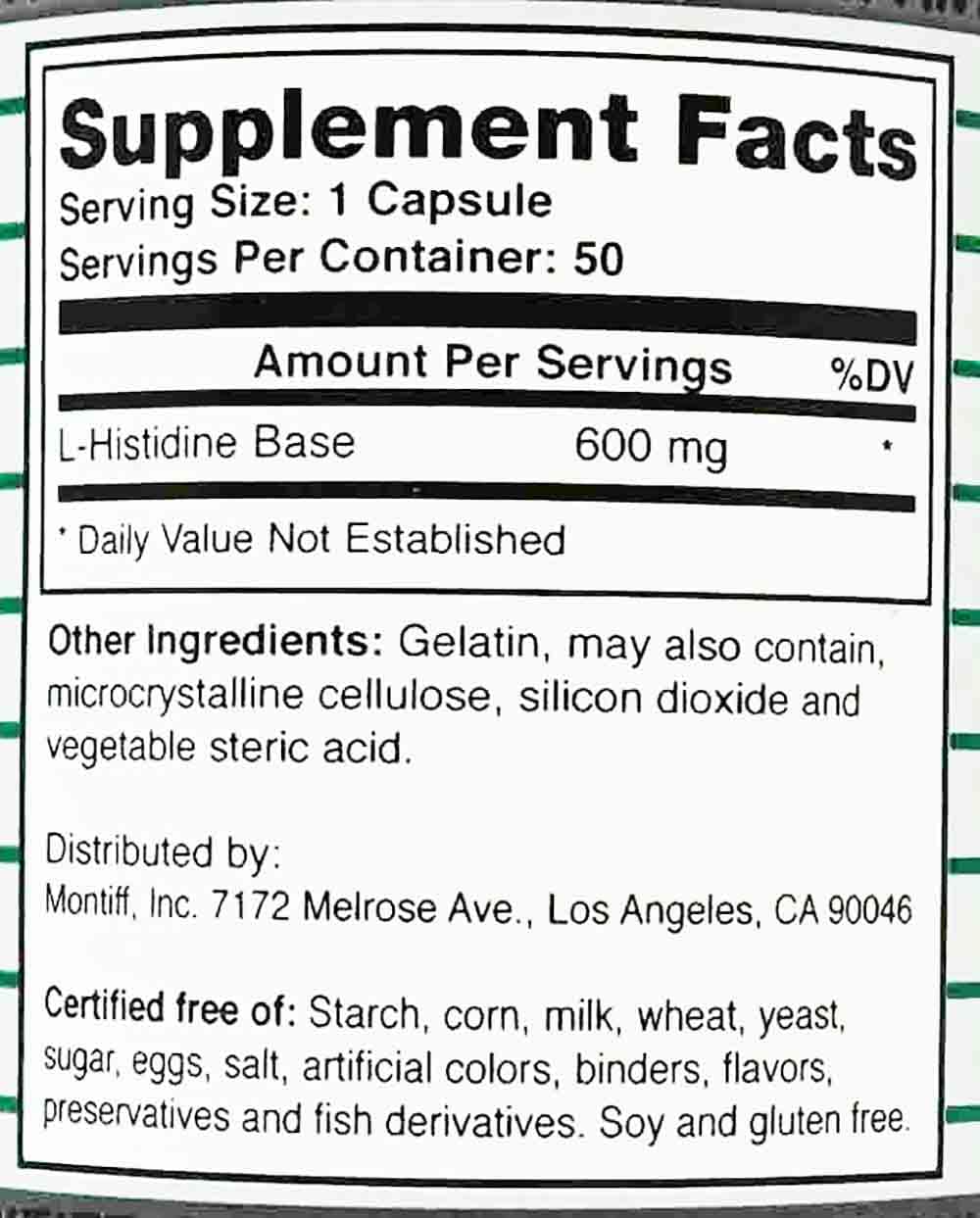 Montiff Pure L-Histidine 600 mg Capsule, 50 Count
