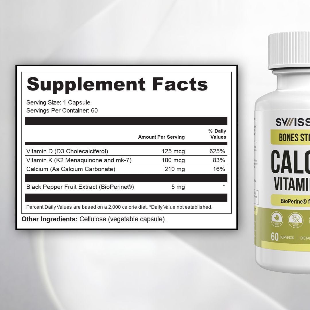 Swiss Activa+ Calcium with Vitamin D3 & K2 Capsule 60 Count