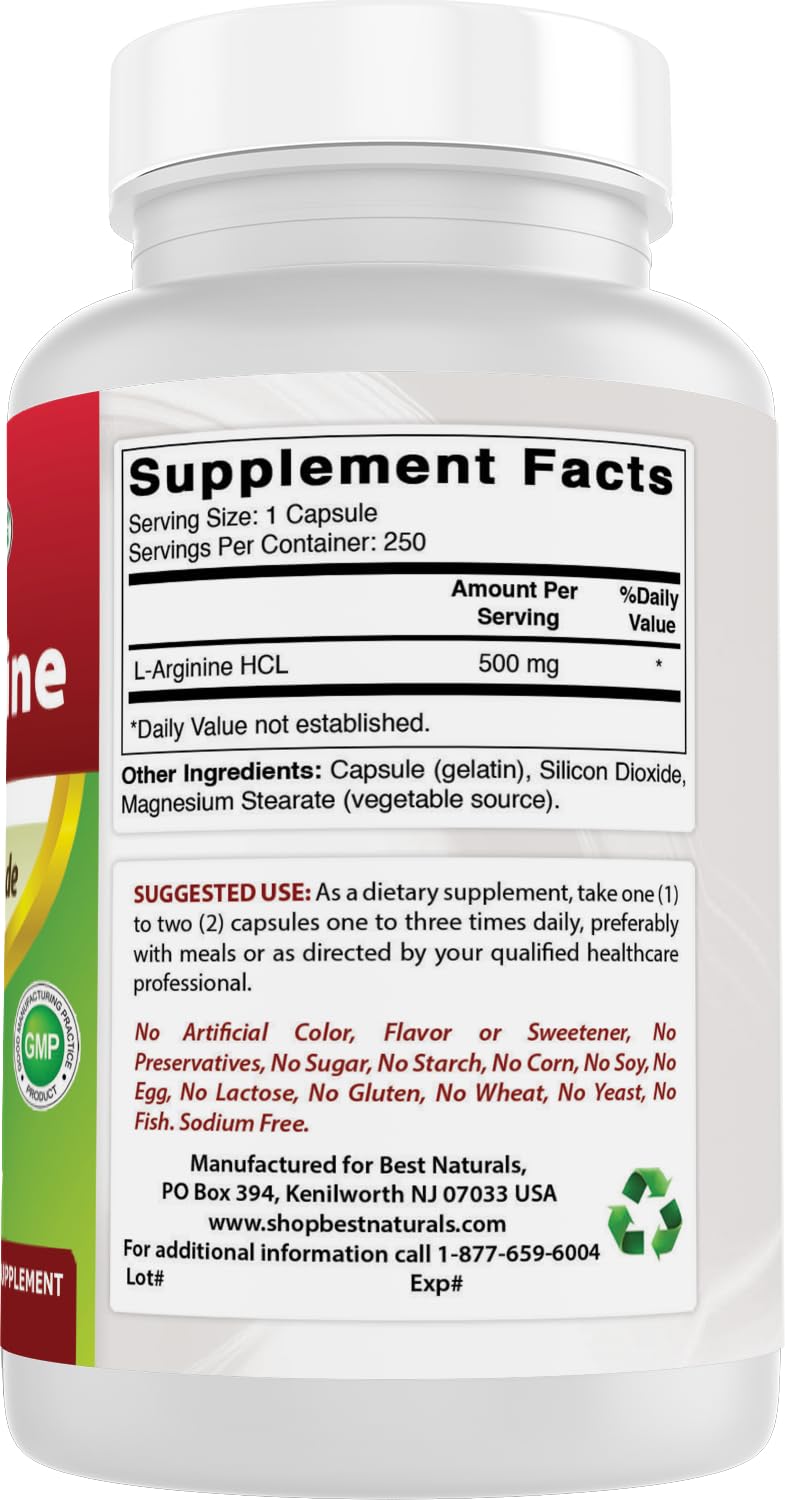 Best Naturals L-Arginine 500mg Capsule, 250 Count (Pack of 2)