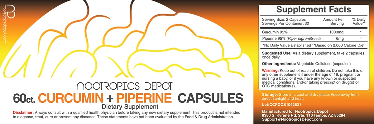 Nootropics Depot Curcumin + Piperine Capsules, 60 Count