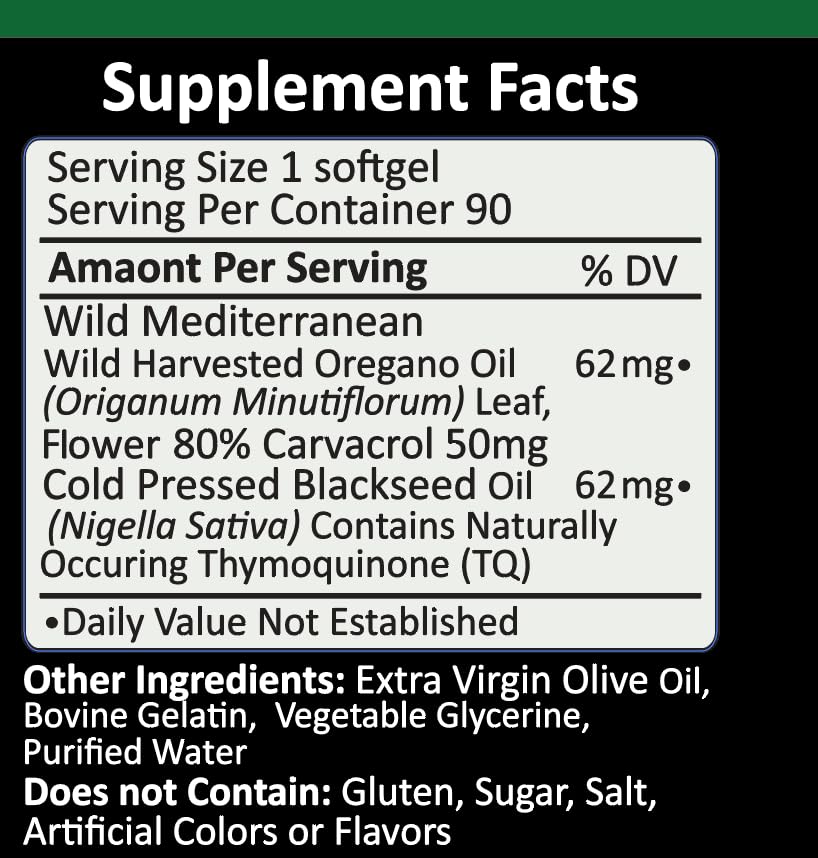 THE OREGANO COMPANY Wild Oil of Oregano with Black Seed Oil Softgels, 90 Count