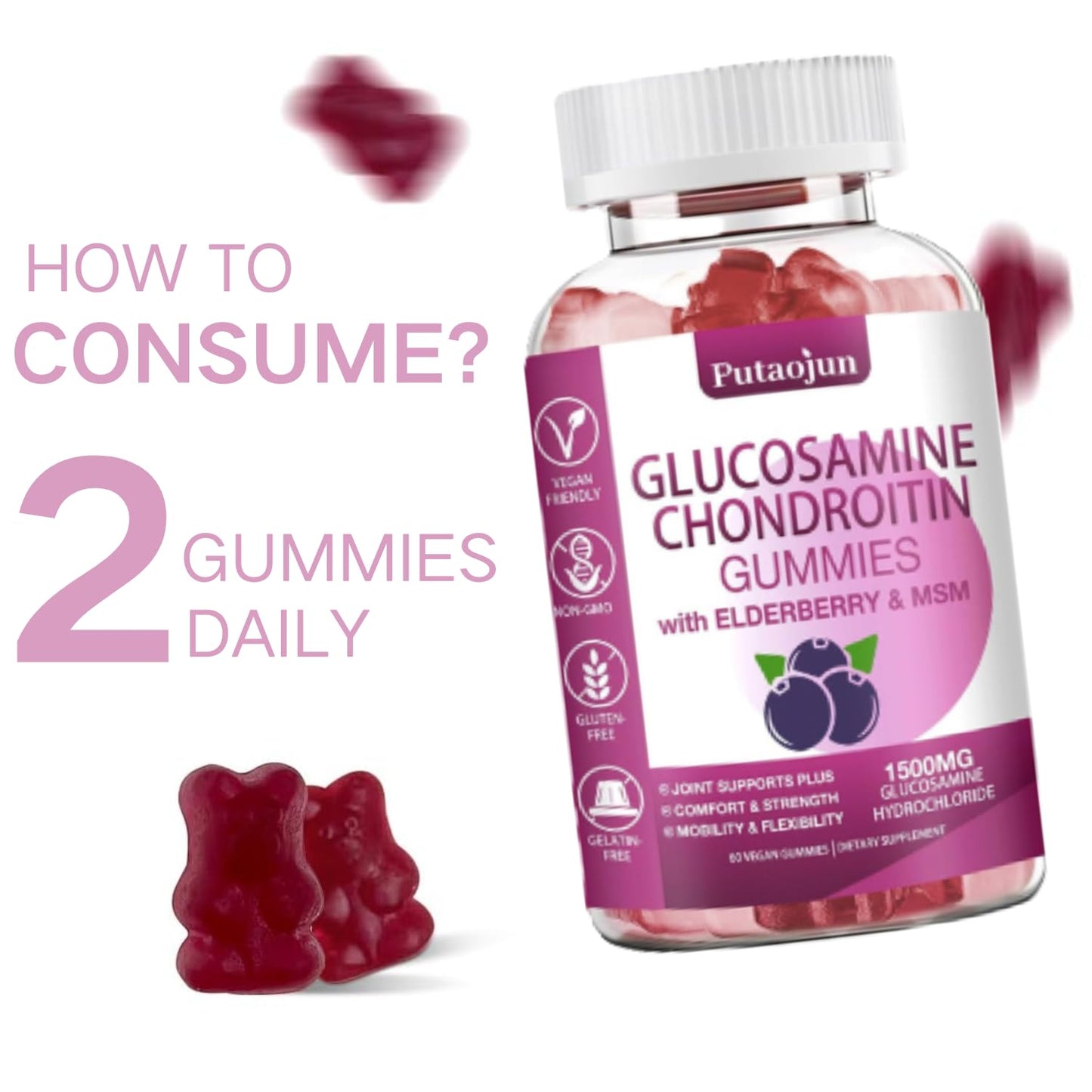 Putaojun Glucosamine Chondroitin Gummies Extra Strength with MSM & Elderberry, 120 Gummies