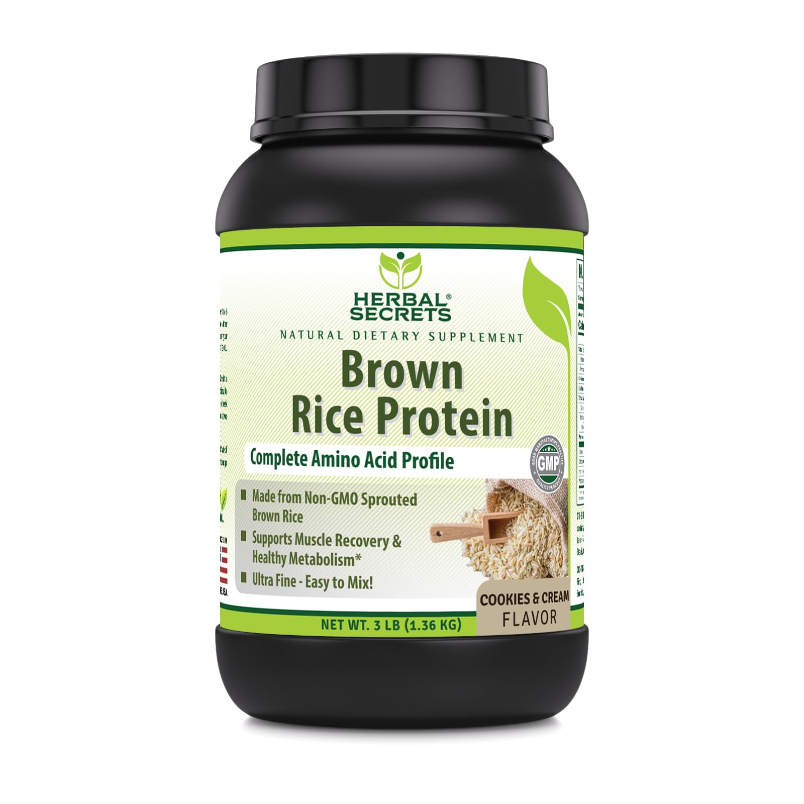 Herbal Secrets Brown Rice Protein Supplement Powder, Cookies & Cream, 48 Servings