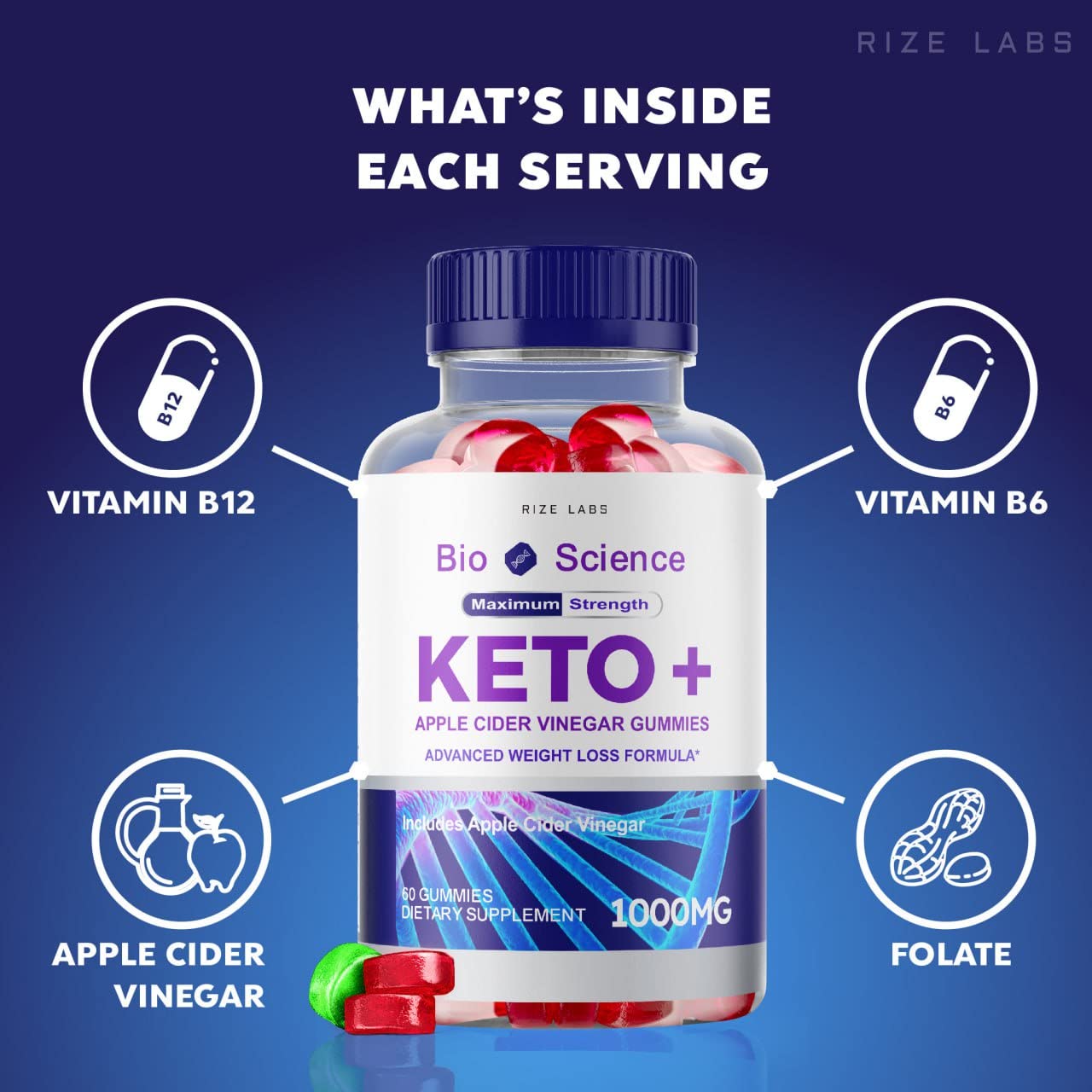 Rize Labs Bio Science Keto Plus Gummies for Weight Loss, Extra Strength, Apple Cider Vinegar, 60 Gummies