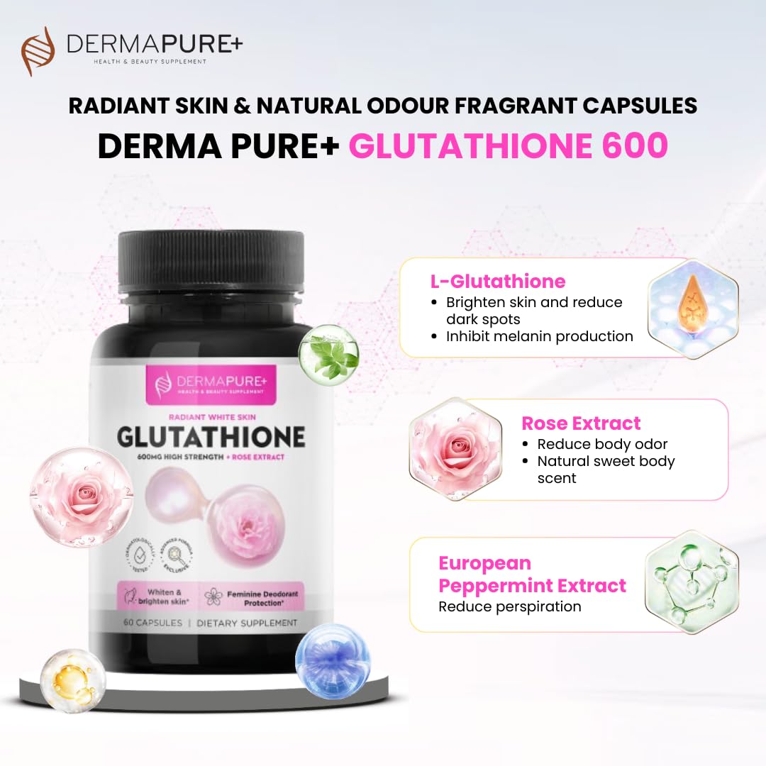 HVSun Dermapure Glutathione Whitening Pills 2-in-1, 600mg with Rose Oil Extract – Skin Lightening & Deodorant Supplement - Dark Spots, Acne Scars & Hyperpigmentation – Made in USA, 60 Capsules
