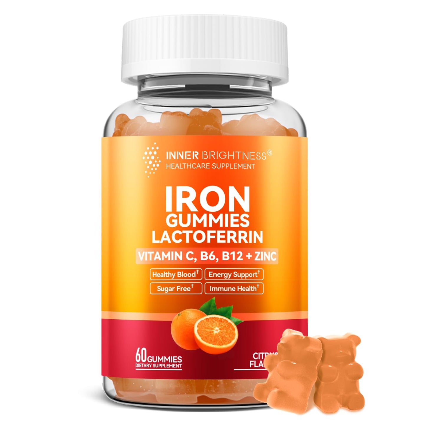 Inner Brightness Iron Supplement Gummies with Lactoferrin, Vitamin C, B6, B12 & Zinc, 60 Gummies