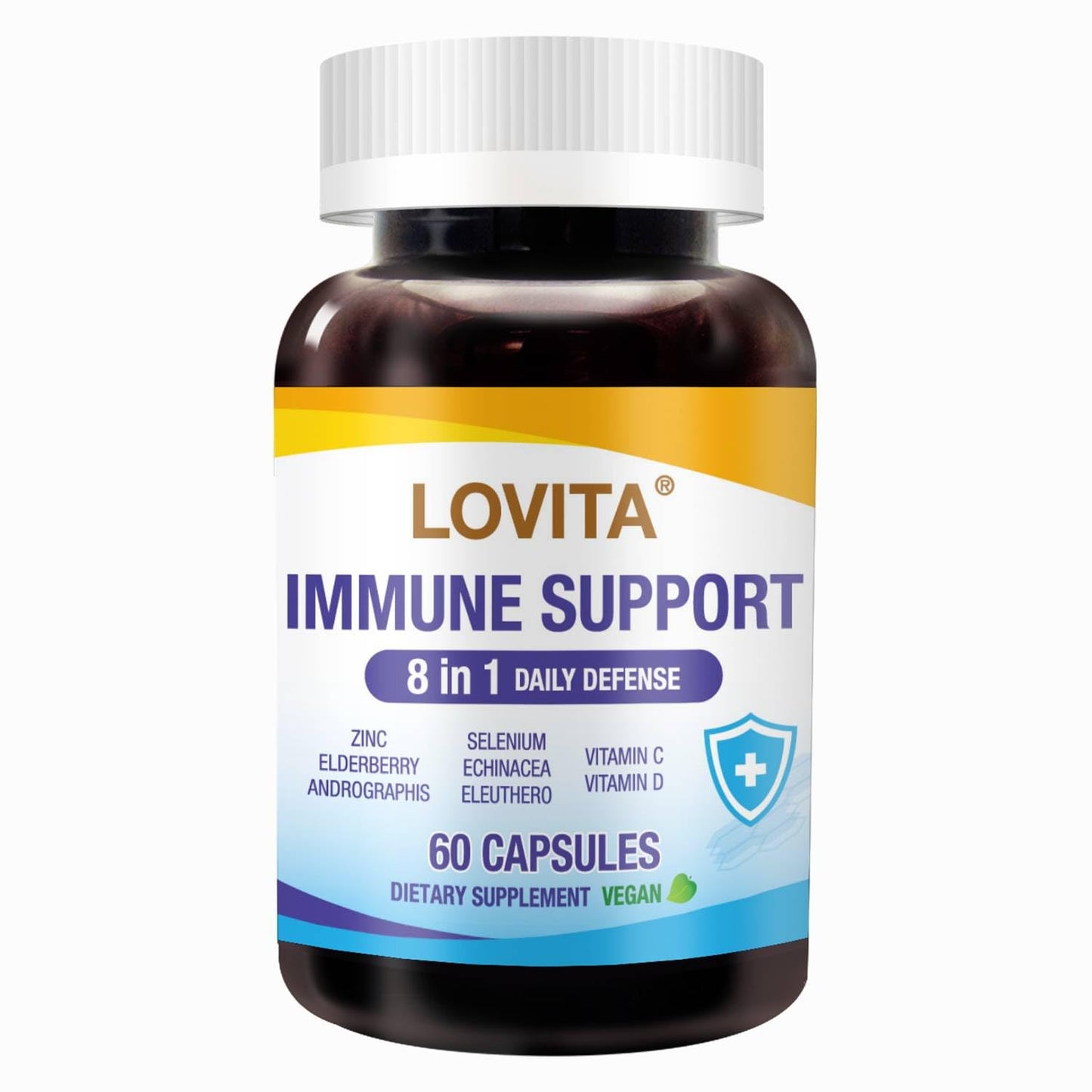 LOVITA Immune Support 8 in 1 Daily Defense, Elderberry with Zinc, Vitamin C & D, Echinacea, Selenium, Andrographis & Siberian Ginseng Extract, 60 Capsules