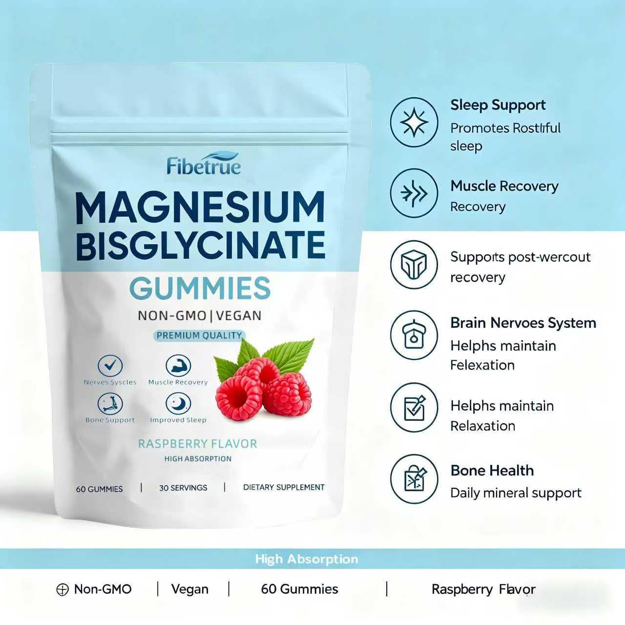 Fibetrue Magnesium Glycinate Gummies 400mg High Absorption Chelated Magnesium for Sleep, Muscle & Nerve Support, Vegan Raspberry Flavor, 60 Gummies