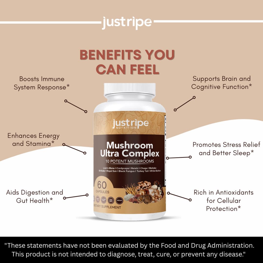 Just Ripe Nutrition Mushroom Ultra Complex Reishi, Cordyceps, Lions Mane & Shiitake Immune System Booster & Nootropic Brain Supplement - Enhance Memory and Focus - Stress Relief 60 Capsules