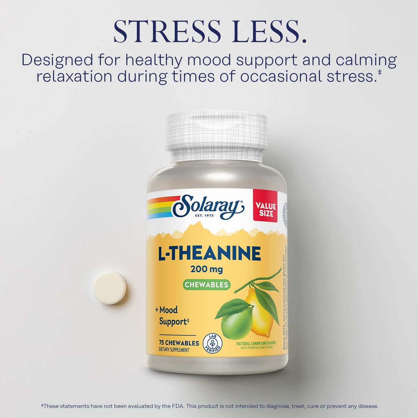 Solaray L-Theanine 200mg Mood Support Supplement with Vitamin B6 Chewables, 75 Count