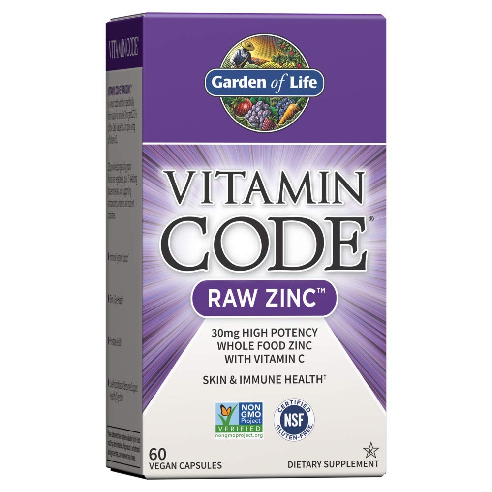 Garden of Life Vitamin Code Raw Zinc 30mg Whole Food Zinc Supplement + Vitamin C, Trace Minerals & Probiotics for Immune Support, Certified Vegan Non-GMO & Gluten Free Zinc Supplements, 60 Capsules