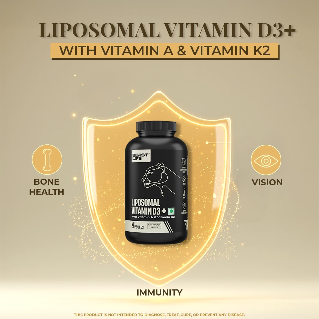 BEASTLIFE Liposomal Vitamin D3 Plus with Vitamin A & Vitamin K2 for Immune Support, Bone Health & Absorption Skin Support Calcium Utilization & Arterial Health 60 Capsules