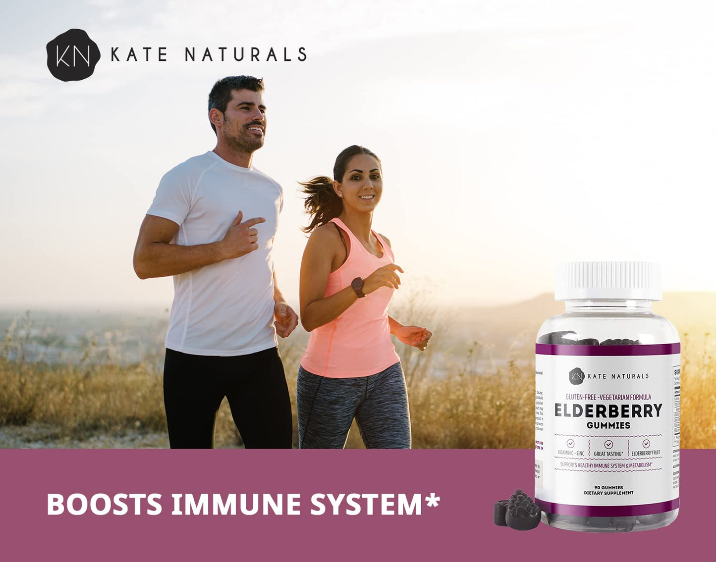 Kate Naturals Elderberry Gummies with Vitamin C and Zinc for Adults & Kids, 90 Gummies
