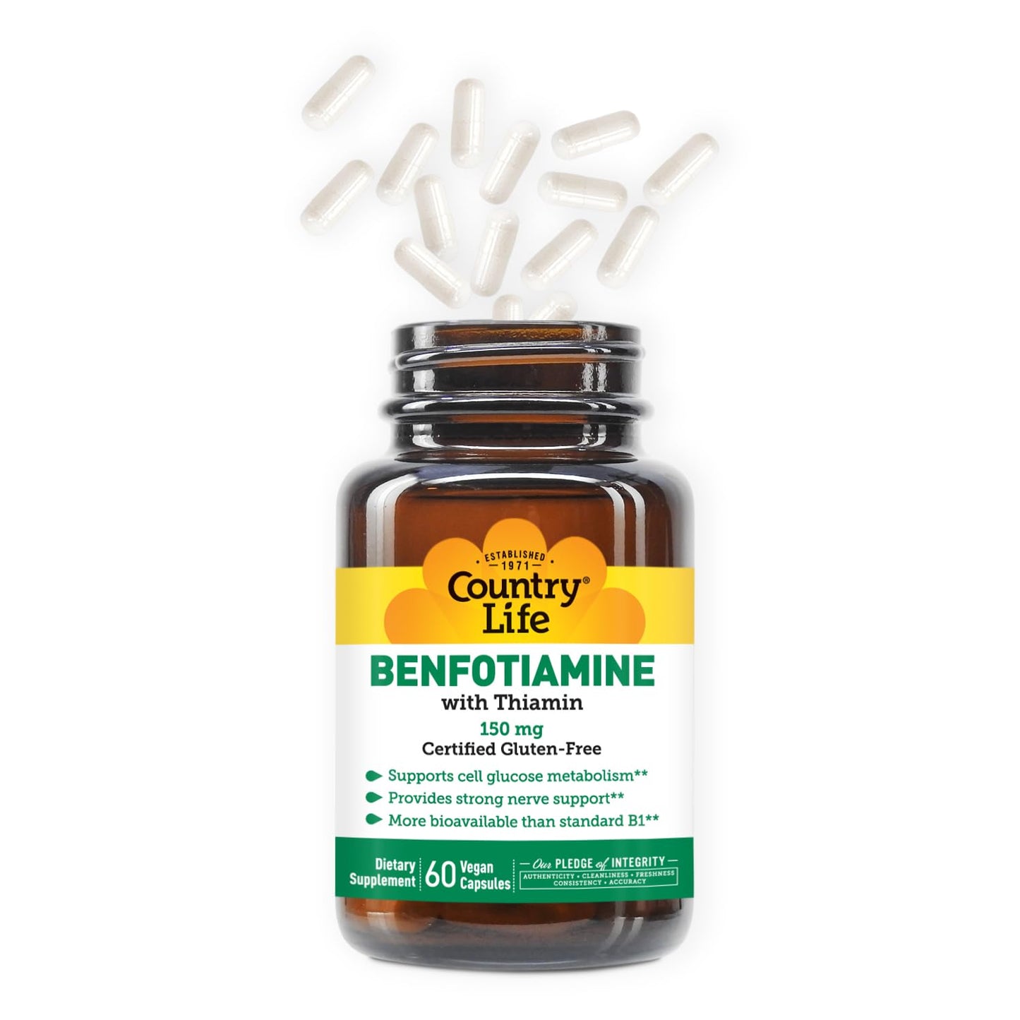 Country Life Benfotiamine with Thiamin Nerve Health Support Capsules, 60 Capsules