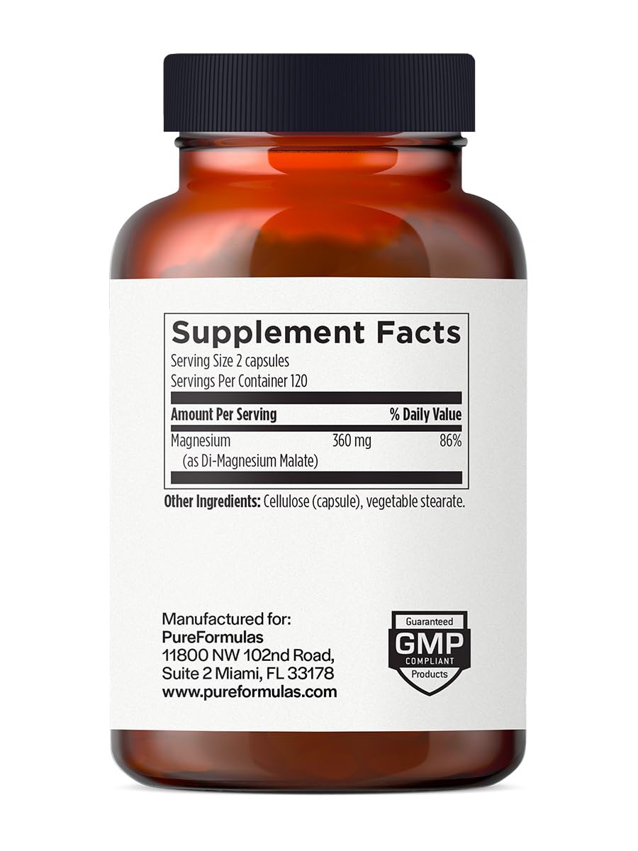 PureFormulas Magnesium Malate Capsules, Chelated Magnesium as DiMagnesium Malate, 240 Capsules