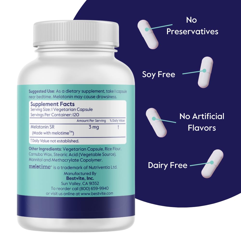 BESTVITE Melatonin SR 3mg Extended Release Capsule, 120 Veg Caps