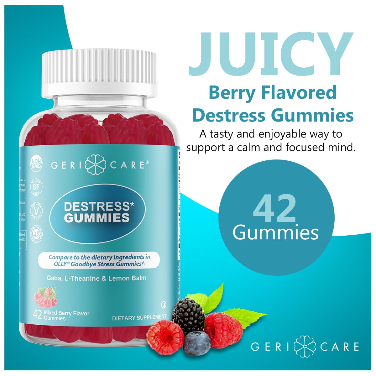 GeriCare DeStress Gummies with GABA, L-Theanine & Lemon Balm, Berry Flavor, Gummies, 84 Count